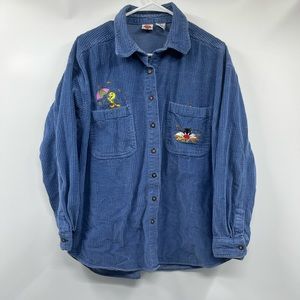 Vintage Looney Tunes Shirt Mens XL Blue Corduroy Button Down
